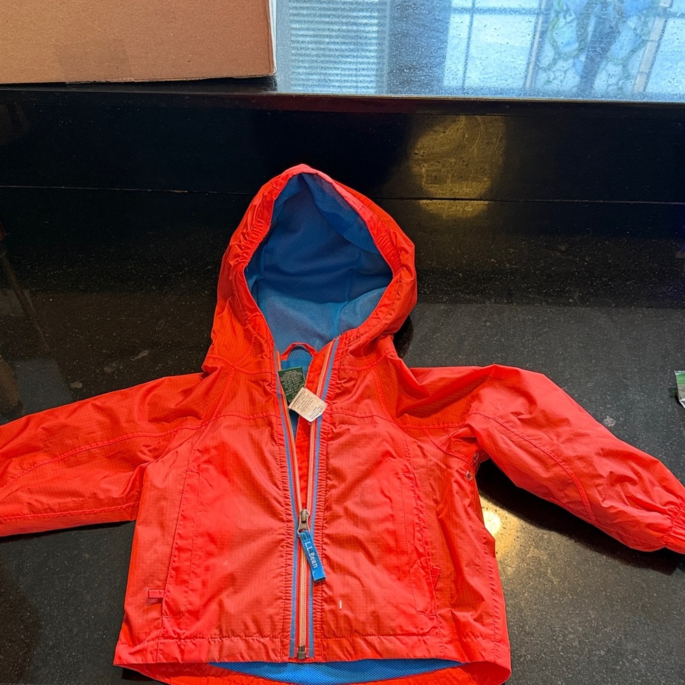 L.L. Bean Red Kids Hooded Windbreaker with Blue Trim
